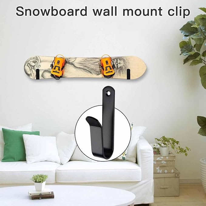 Snowboard Wall Mount & Skateboard Display Rack - Horizontal Hanger Clips for Snowboards, Longboards, Skateboards - Space Saving Storage Solution for Garage, Bedroom, Living Room (Black, 2 PCS)