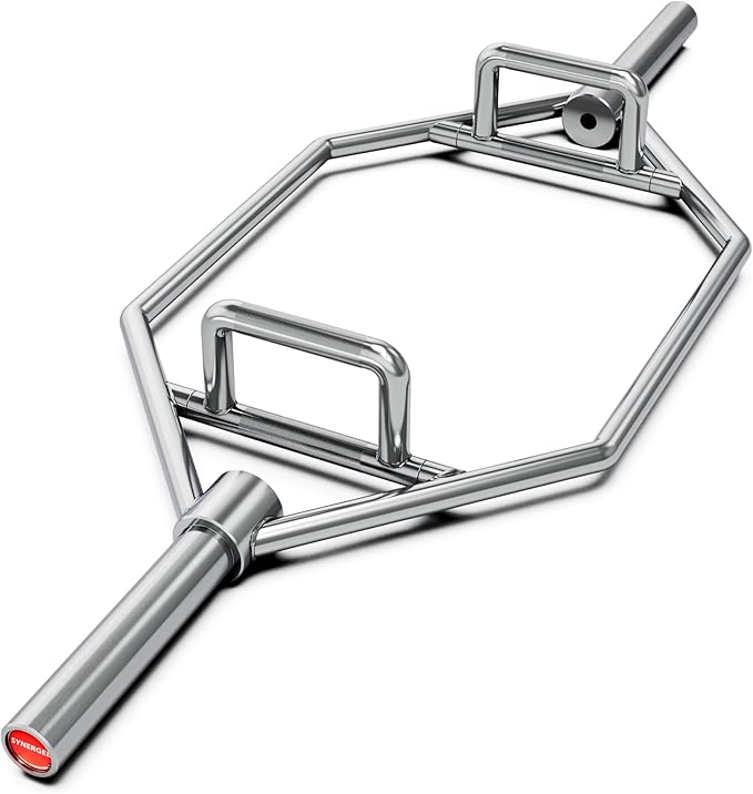 Synergee 20kg and 25kg Chrome or Black Olympic Hex Barbell Trap Bar with Rotating, Flat or Raised Handles for Squats, Deadlifts, Shrugs.