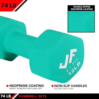 JFIT Dumbbell Pairs or Sets – Neoprene & Vinyl Coated Hand Weights for Home Gym, Strength Training, Aerobics, Cardio Exercise and Fitness