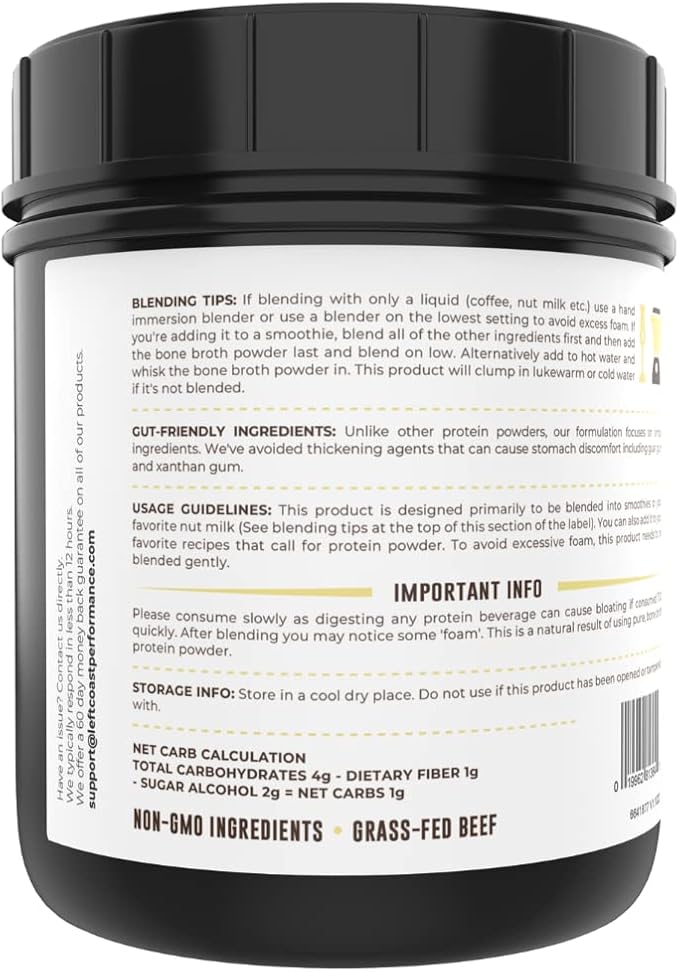 16oz Vanilla Bone Broth Protein Powder From Grass Fed Beef - Non-GMO Ingredients, Gut-Friendly, Low Carb Dairy Free Protein Powder - Natural Collagen Source For Joint Support - Keto Friendly