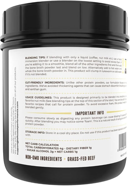 16oz Vanilla Bone Broth Protein Powder From Grass Fed Beef - Non-GMO Ingredients, Gut-Friendly, Low Carb Dairy Free Protein Powder - Natural Collagen Source For Joint Support - Keto Friendly