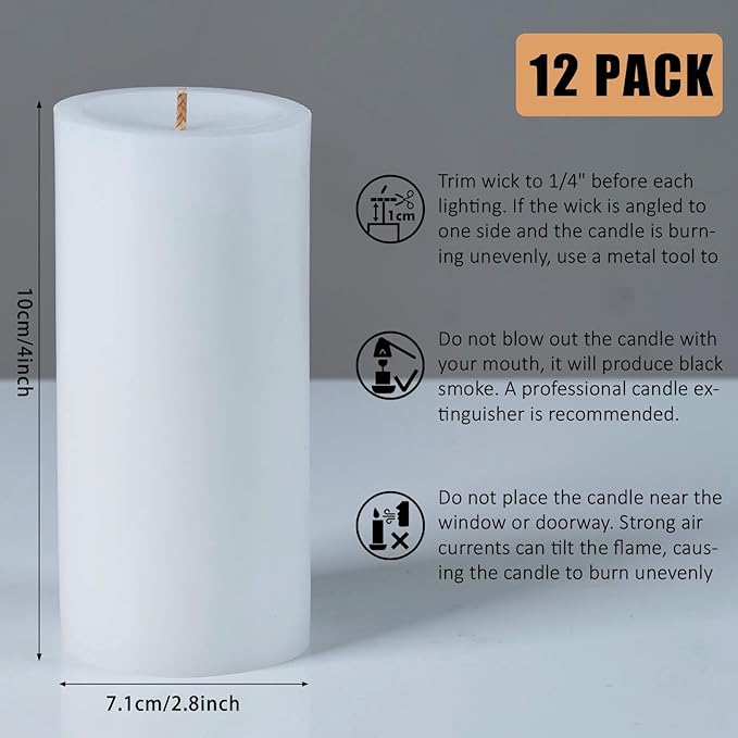 12 White Pillar Candles, 3x4 Inches Unscented Pillar Candles for Home,Wedding,Church, Dripless and Smokeless Table Candles Pillar, White Candles for Party, Relaxing, Approx 50 Hours Long Burning Time