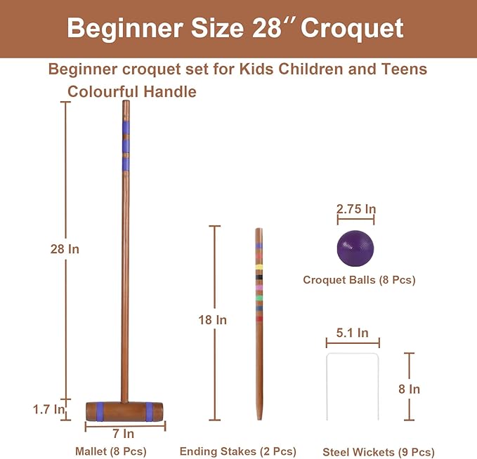 28In Croquet Party Set for 8 Players - Made of Long-Lasting Pine Wood, Family Fun for Backyards, Lawn and More, Comes with Colorful Mallets, PE Balls, Wickets, Stakes, and Carrying Bag