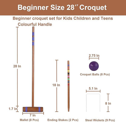 28In Croquet Party Set for 8 Players - Made of Long-Lasting Pine Wood, Family Fun for Backyards, Lawn and More, Comes with Colorful Mallets, PE Balls, Wickets, Stakes, and Carrying Bag