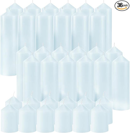 36 Pcs Blue Pillar Candles Bulk Set，Hurricane Candlesï¼? Different Lengths (12 Each)，Dripless Unscented Smokeless，Gives You a Better Atmosphere When Organizing Wedding or Event Party.
