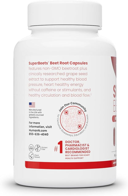 HumanN SuperBeets Beet Root Capsules Quick Release 1000mg, Helps Support Nitric Oxide Production, Blood Pressure, Heart Health, Contains Non-GMO Beetroot Powder, Studied Antioxidants 90 Count