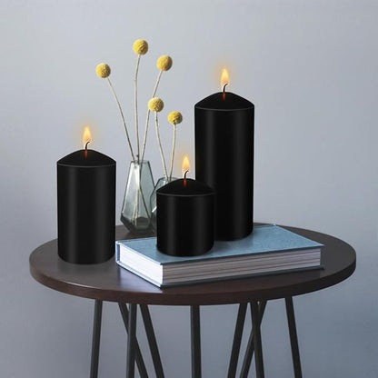 Pillar Candles 3 x 4, 6, and 8 inches, Large Handmade Candles Set of 3, Black Decorative Candles for Wedding, Home Decoration, Dinner, Church