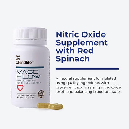 Xtendlife VasQFlow Natural Nitric Oxide Booster Supplement - Circulation & Blood Flow Support with Red Spinach Extract & Aged Garlic - Energy, Heart Health, Muscle Support - 1 Month Supply (90 Count)