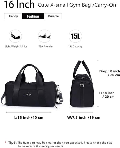 Compact Sports Gym Bag for Women & Girls and Kids, Cute Mini Duffle Bag with Wet Pocket & Shoes Compartment, Personal Item Travel Workout Bag, 16"-Small, Black