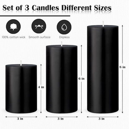 3 Packs Unscented Different Size Black Pillar Candles, Dripless Non-Toxic Smokeless 3x4, 3x6, 3x8 Inch Cylinder Candles for Halloween Wedding, Dinner Table, Party, Power Outage, Emergency