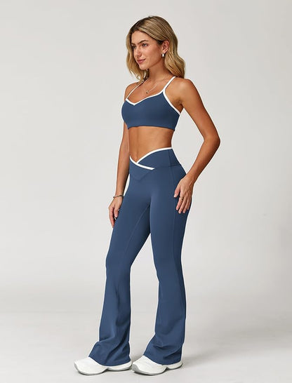 ABOCIW Workout Sets for Women 2 Piece Color Block Strappy Sports Bra High Waist Leggings Gym Yoga Pilates Outfits