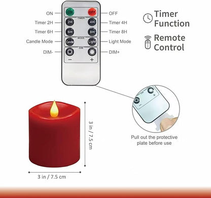 Red Flameless LED Candles 3 inch Diameter Real Wax 2AA Battery Operated 600hr+ Flickering Candles with Timer Remote Control for Halloween Thanksgiving Christmas Wedding Indoor (Red, 3″×3″- 2 PCS)