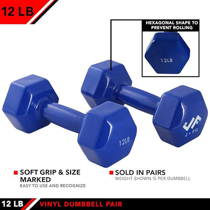 JFIT Dumbbell Pairs or Sets – Neoprene & Vinyl Coated Hand Weights for Home Gym, Strength Training, Aerobics, Cardio Exercise and Fitness