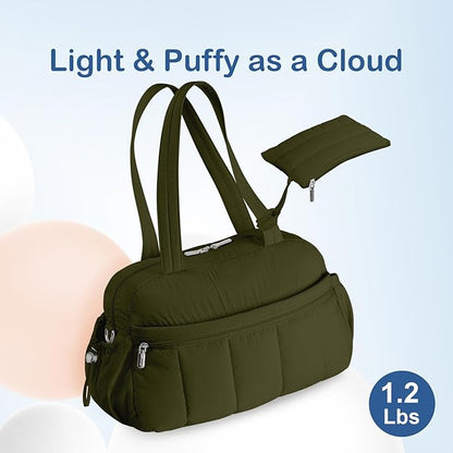 TOPDesign Travel Duffel Bag for Women, Puffer Gym Bag Sports Tote with Wet Pocket, Carry On Weekender with Luggage Sleeve (Dark Green)