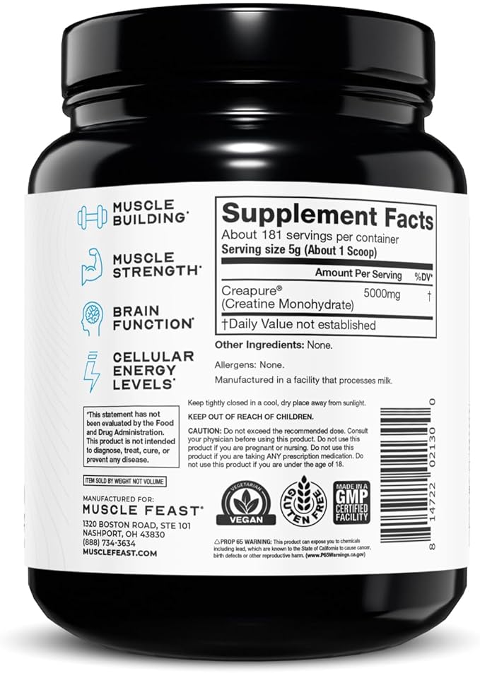 Muscle Feast Creapure Creatine Monohydrate Powder, Vegan Keto Friendly Gluten-Free, Mass Gainer, Muscle Recovery Supplement and Trusted Creatine for Muscle Growth, Creatine Powder, Unflavored, 2lb