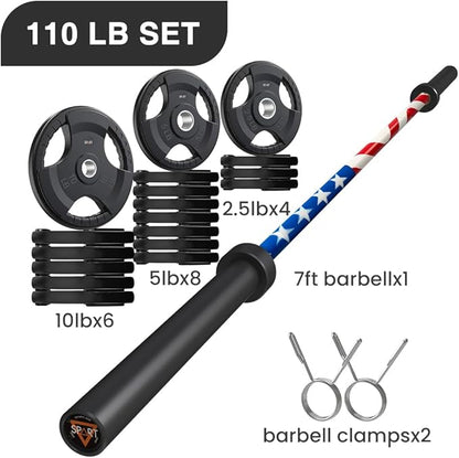 7FT Olympic Barbell Bar with Weight Plate Set Combo, Solid Olympic Bar with Bearings, 700Lbs Capacity Weight Bar for Home Gym Strength Training, Weightlifting, Powerlifting, Fit for 2" Olympic Plates