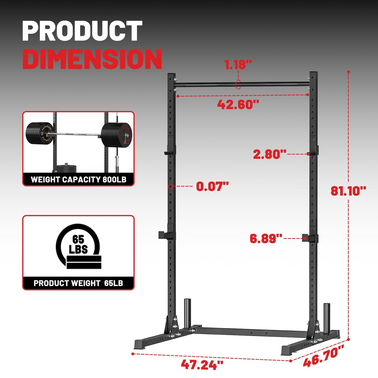 800LB Capacity Squat Rack with Pull Up Bar, Adjustable Power Cage, Home Gym