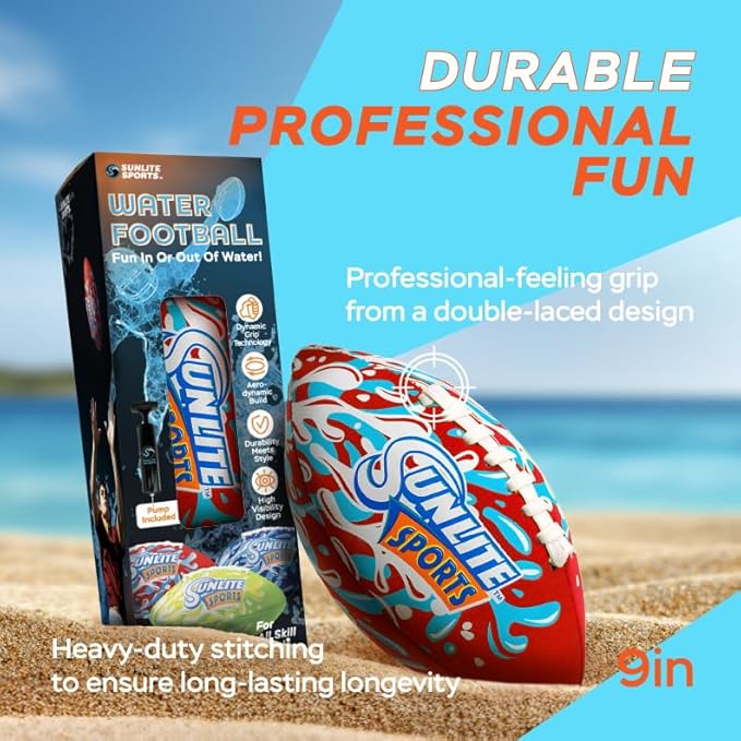 Sunlite Sports Waterproof Football for Lawn Backyard Pool Beach Lake Park Water Toy, Outdoor Play, for Kids Children Teens Adults, Family Fun