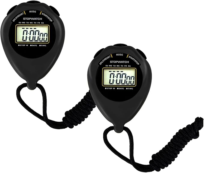 Stopwatch Sport Timer, 2 Pack Large Display Digital Stopwatch Timer with Date Time, No Alarm Silent Easy to Set Stopwatches for Sports, Coaches, Kids, Swimming and Running (Black)