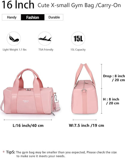 Compact Sports Gym Bag for Women Girls, Cute Mini Duffle Bag with Wet Pocket & Shoes Compartment, Personal Item Travel Workout Bag, 16"-Small, Pink