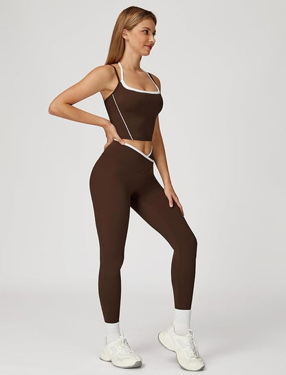 ABOCIW Workout Sets for Women 2 Piece Color Block Strappy Sports Bra High Waist Leggings Gym Yoga Pilates Outfits