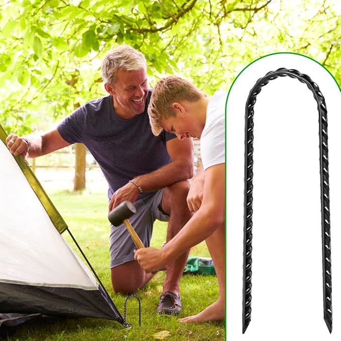 12 Pack Trampoline Stakes, 12 Inches Trampoline Wind Stakes, Heavy Duty Ground Anchors, U Shaped Rebar Ground Stake with T Hook for Security Swing Set Camping Soccer Goals(Black)