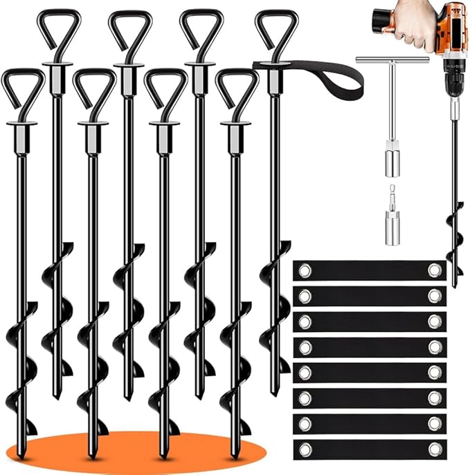 Trampoline Stakes Ground Anchors Screw in Tent Stakes Heavy Duty for High Winds, Trampoline Anchors with Straps, Canopies, Carports, Sheds, Swing Sets,Mobile Home 14in Ground Anchors