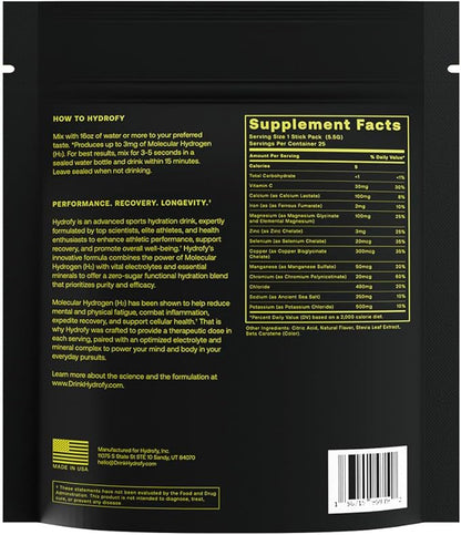 Hydrogen Water + Electrolytes Drink Mix | H2 Hydration Packets with Molecular Hydrogen, Sodium, Potassium, Magnesium, Calcium, and Minerals | No Sugar | Lemon Lime | 25 ct