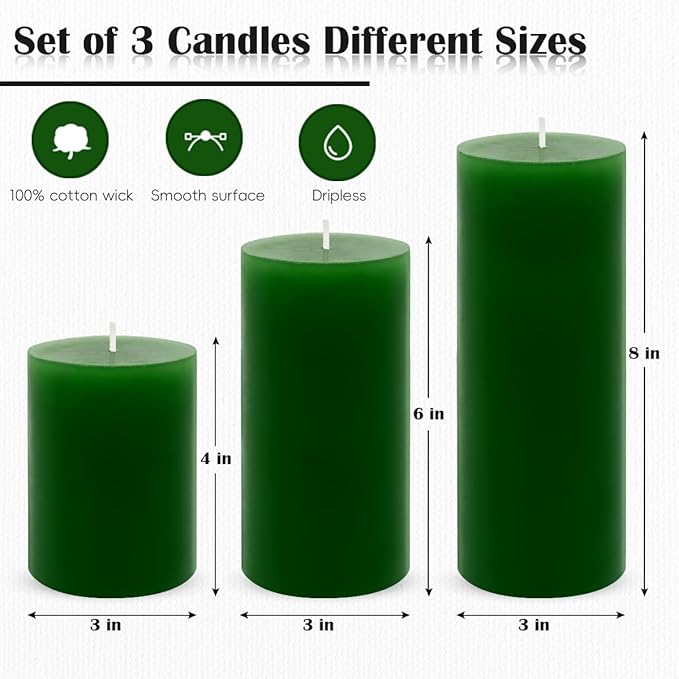 3 Packs Different Size Green Pillar Candles, Unscented Non-Toxic Dripless 3x4, 3x6, 3x8 Inch Solid Colored Cylinder Candles for Wedding, Home Decor, Dinner Table, Party, Power Outage, Emergency