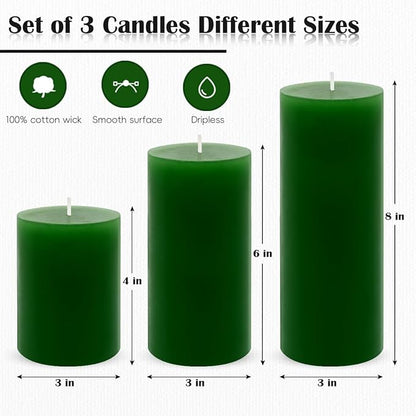 3 Packs Different Size Green Pillar Candles, Unscented Non-Toxic Dripless 3x4, 3x6, 3x8 Inch Solid Colored Cylinder Candles for Wedding, Home Decor, Dinner Table, Party, Power Outage, Emergency