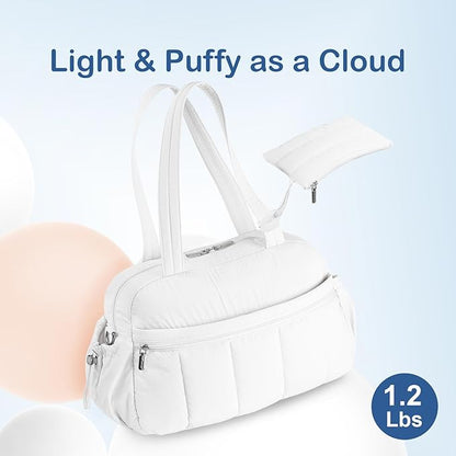 TOPDesign Travel Duffel Bag for Women, Puffer Gym Bag Sports Tote with Wet Pocket, Carry On Weekender with Luggage Sleeve (White)