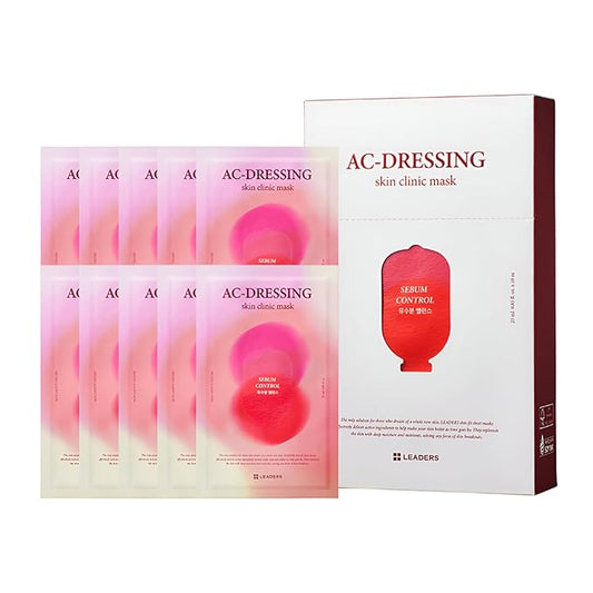 LEADERS AC-Dressing Skin Clinic Mask ??Soothing and Calming Sheet Mask for Sensitive, Acne-Prone Skin ??Helps Reduce Redness & Irritation, Hydrates, and Balances Skin, Sebum Care Mask ??10 Sheets