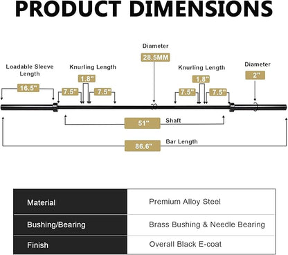 LIONSCOOL 7FT Olympic Barbell for Weightlifting, Power Lifting, 2 Inch Strength Training Bar for Squats, Deadlifts, Presses, Rows, Curls - 700lbs/1000lbs/1500lbs Capacity