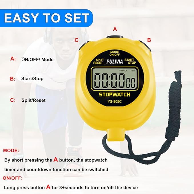 Stopwatch Timer with Countdown, Simple Operation Digital Stop Watch for Sports, Countdown-Alarm Button-Sound, AAA Battery Included (Yellow)
