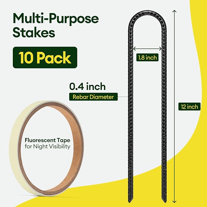12 Inch Rebar Stakes Heavy Duty 10 Pack, U Shaped Ground Stakes, Galvanized Steel Trampoline Stakes, Tent Anchor Kit Anti-Rust, Drip Hose Wind Stakes, Black