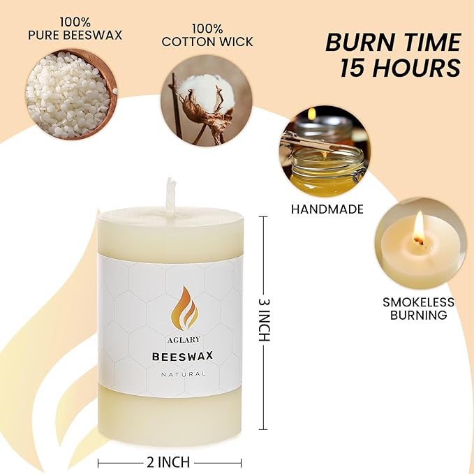 3PCS Beeswax Pillar Candles,Large Handmade Pure Beeswax Candle,Long Lasting Burn Time，Unscented Smokelessï¼? * 3",20H, White
