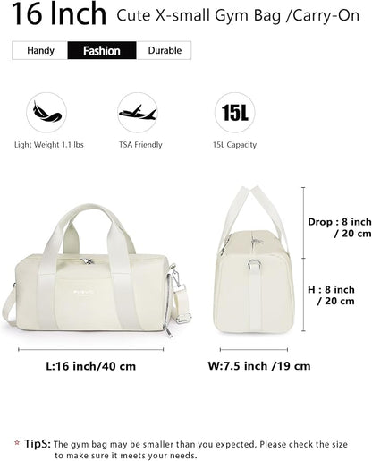 Compact Sports Gym Bag for Women, Cute Mini Duffle Bag with Wet Pocket & Shoes Compartment, Personal Item Travel Workout Bag, 16"-Small, Beige