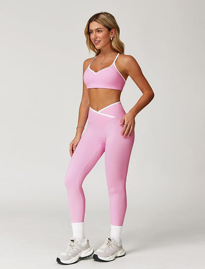 ABOCIW Workout Sets for Women 2 Piece Color Block Strappy Sports Bra High Waist Leggings Gym Yoga Pilates Outfits