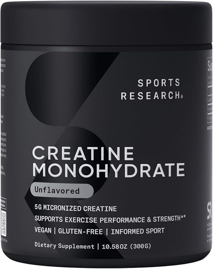 Sports Research Creatine Monohydrate - Gain Lean Muscle, Improve Performance and Strength and Support Workout Recovery - 5 g Micronized Creatine - 10.58 oz