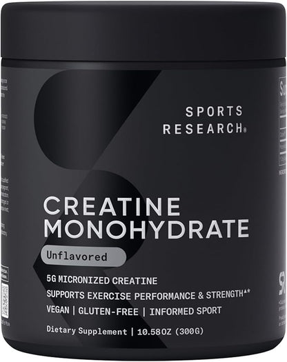 Sports Research Creatine Monohydrate - Gain Lean Muscle, Improve Performance and Strength and Support Workout Recovery - 5 g Micronized Creatine - 10.58 oz