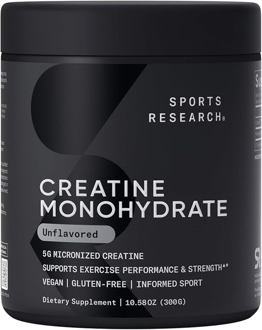 Sports Research Creatine Monohydrate - Gain Lean Muscle, Improve Performance and Strength and Support Workout Recovery - 5 g Micronized Creatine - 10.58 oz