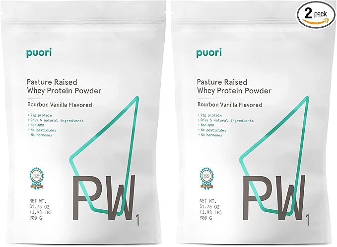 Puori Whey Protein Powder - Bourbon Vanilla - PW1 Pasture Raised, Grass-Fed & Non-GMO - 100% Natural and Pure for Muscle Growth - 21g Protein 1.98lbs, Pack of 2 - Gluten-Free