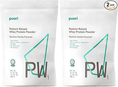 Puori Whey Protein Powder - Bourbon Vanilla - PW1 Pasture Raised, Grass-Fed & Non-GMO - 100% Natural and Pure for Muscle Growth - 21g Protein 1.98lbs, Pack of 2 - Gluten-Free