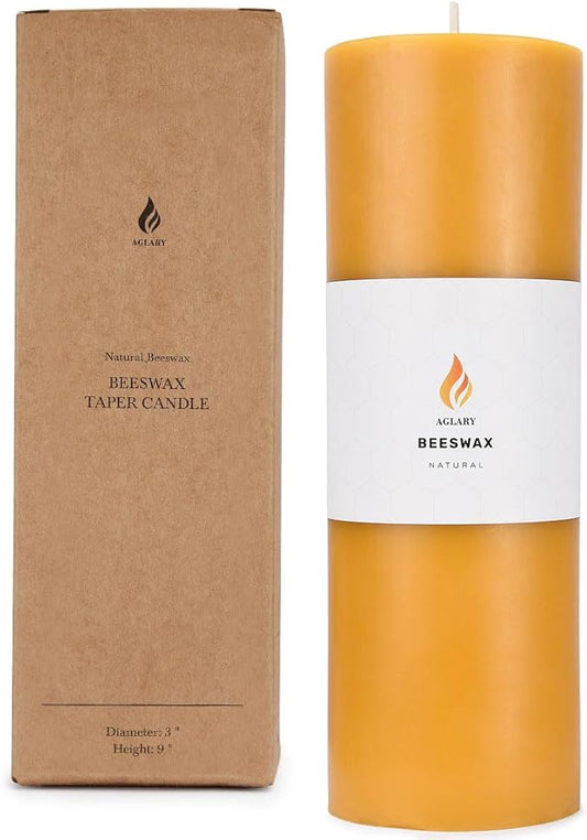 3"x 9" Large Beeswax Pillar Candle, Made of Pure Natural Beeswax, with Ultra Long Burning Time and Low Allergenicity-Raw,124H