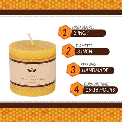 3×3 in Beeswax Pillar Candle - Handmade Pure Beeswax Rolled Candle for Gift & Home Decor