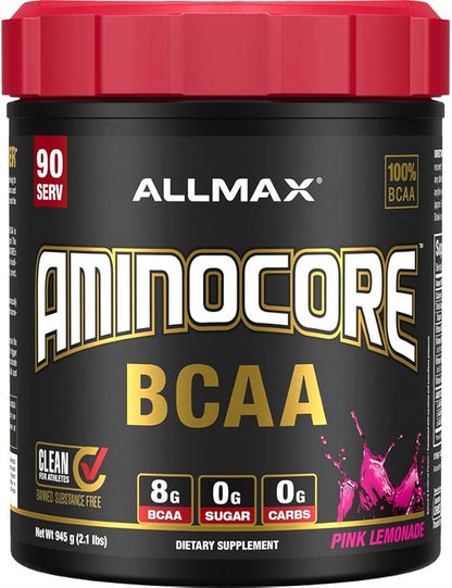 ALLMAX Nutrition AMINOCORE BCAA, Pink Lemonade - 945 g Powder - 8.18 Grams of Branched Chain Amin Acids Per Serving - with B Vitamins - No Fillers or Non-BCAA Aminos - Sugar Free - 90 Servings