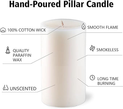 Pillar Candles White, Unscented Pillar Candles Bulk, 2.8x6 inch | 75 Hours Burning | Set of 6, Dripless and Smokeless Tall Pillar Candles, for Dinner Table, Wedding, Spa, Aromatherapy, Party
