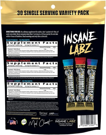 Insane Labz Psychotic Gold, High Stimulant Pre Workout Powder, Extreme Lasting Energy Focus, Pumps and Endurance with Beta Alanine, DMAE Bitartrate, NO Booster (30 Servings, Variety)