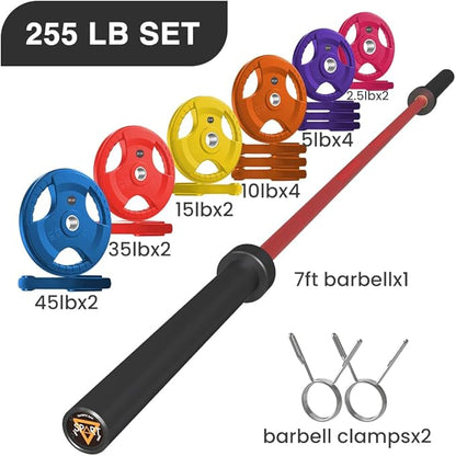 7FT Olympic Barbell Bar with Weight Plate Set Combo, Solid Olympic Bar with Bearings, 700Lbs Capacity Weight Bar for Home Gym Strength Training, Weightlifting, Powerlifting, Fit for 2" Olympic Plates