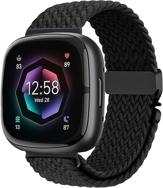 Braided Stretchy Band for Fitbit Versa 4/Versa 3/Sense 2/Sense Watch Band Women Men,Parachute-style Buckle Nylon Sport Wristband Soft Fabric Elastic Loop Strap Accessories for Versa 4/3